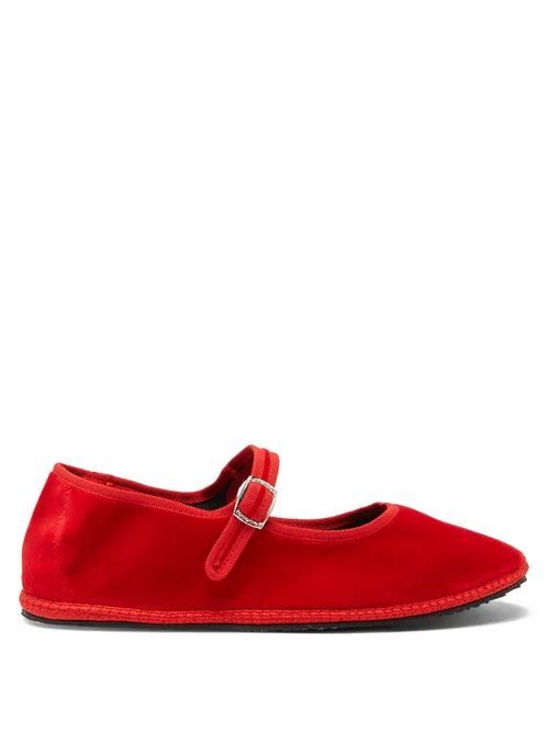 Whipstitched Velvet Mary Jane Flats - Womens - Red