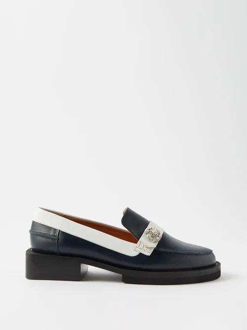 Crystal-embellished Leather Loafers - Womens - Navy White