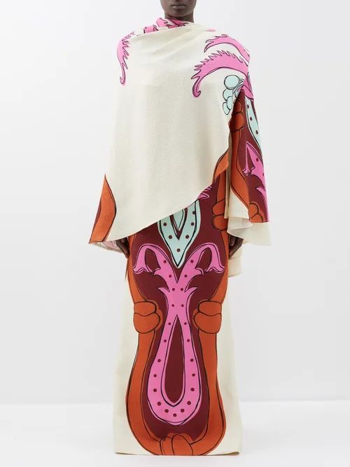 Flores De Alma-print Caped Jacquard Dress - Womens - Orange Print