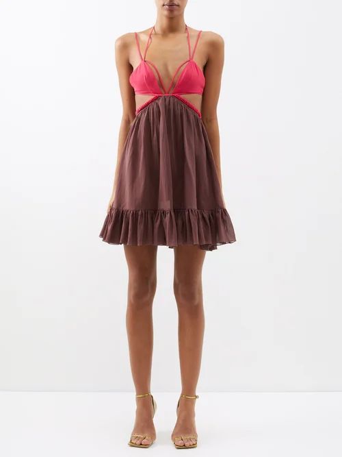 Cutout Plunge-front Cotton Sleeveless Dress - Womens - Brown Multi