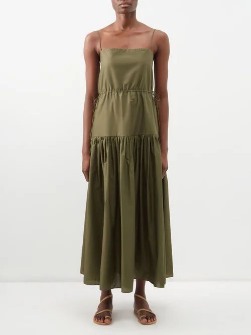 Square-neck Organic-cotton Maxi Dress - Womens - Dark Green