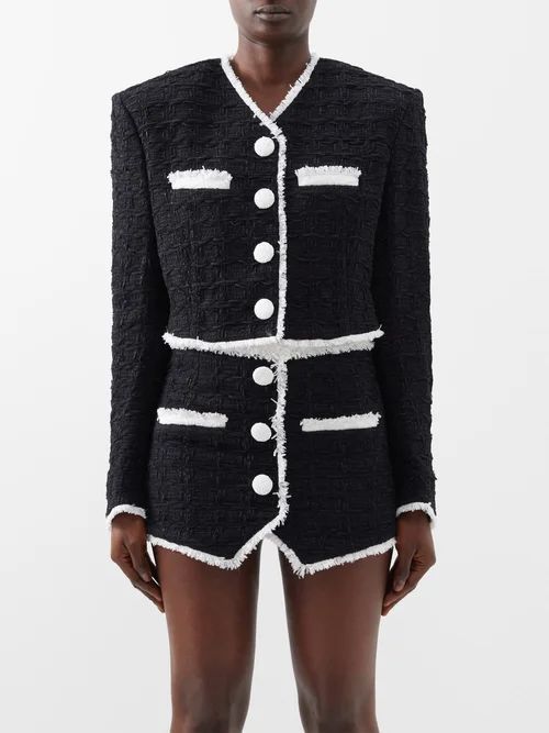 Cropped Tweed Tailored Jacket - Womens - Black White