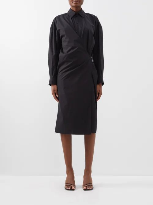 Side-tie Twisted Cotton-poplin Midi Dress - Womens - Black