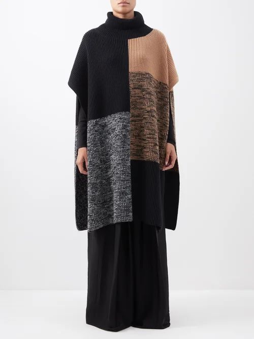 Colour-block Merino-wool Poncho - Womens - Camel