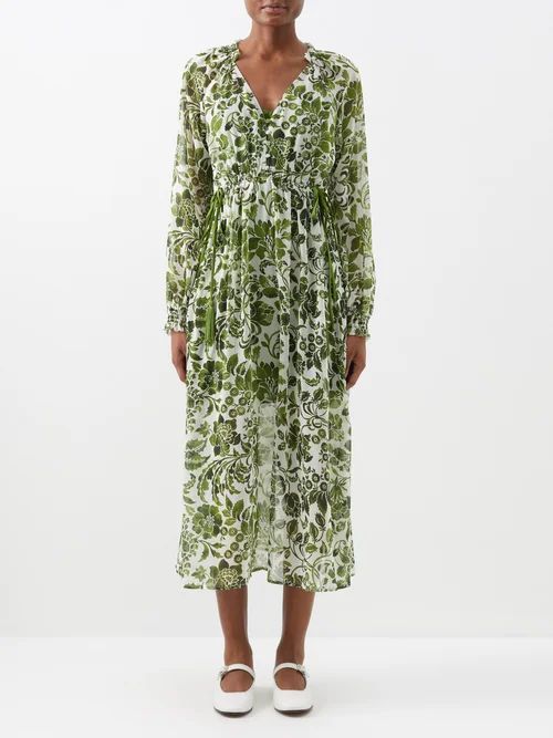Aleksandra Floral-print Georgette Midi Dress - Womens - Ivory Green
