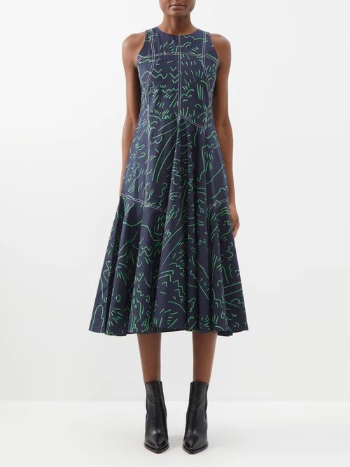 Abstract-print Cotton-poplin Midi Dress - Womens - Navy Print