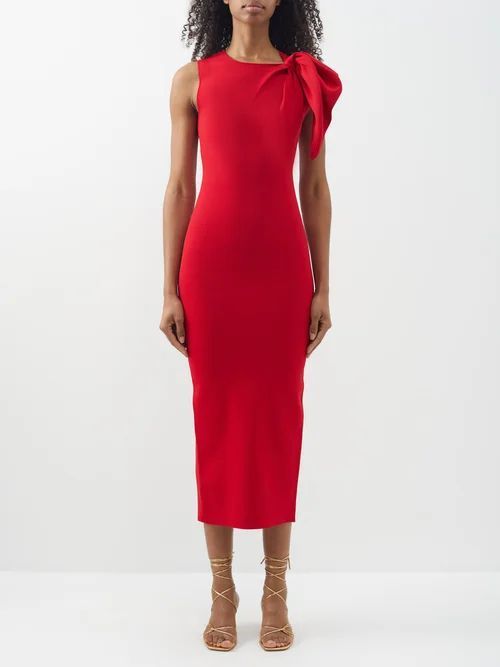 Bow-shoulder Technical-knit Midi Dress - Womens - Red