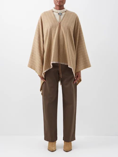 Flou Fringed Herringbone-knit Poncho - Womens - Camel