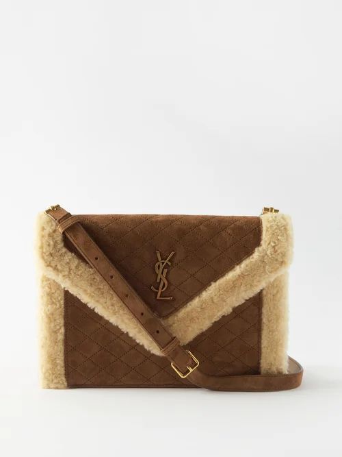 Gaby Shearling And Quilted-suede Shoulder Bag - Womens - Tan White