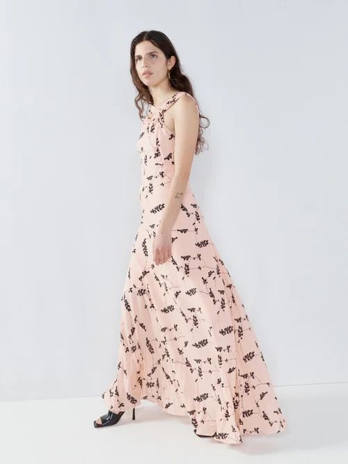 Sprig-print Knot-front Silk Maxi Dress - Womens - Pink Print