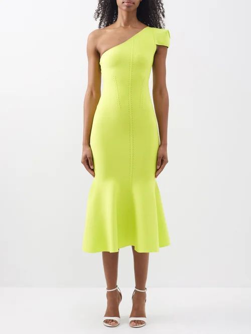 One-shoulder Technical-knit Midi Dress - Womens - Green