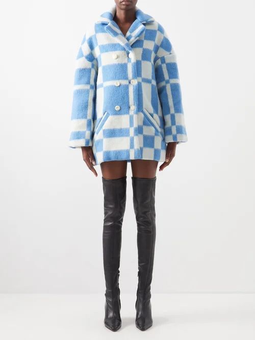Checked Wool-blend Pea Coat - Womens - Blue White