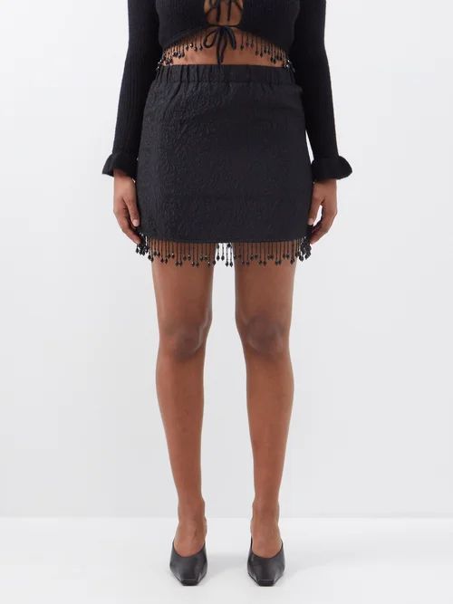 Bead-fringed Recycled-blend Cloqué Mini Skirt - Womens - Black
