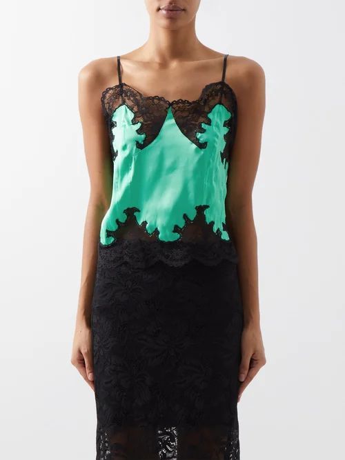 Lace-trimmed Satin Cami Top - Womens - Bright Green