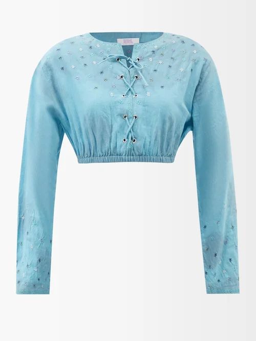 Floral-embroidered Cropped Cotton Blouse - Womens - Blue