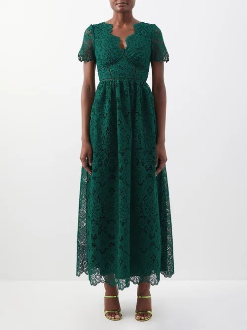 Floral Guipure-lace Maxi Dress - Womens - Dark Green