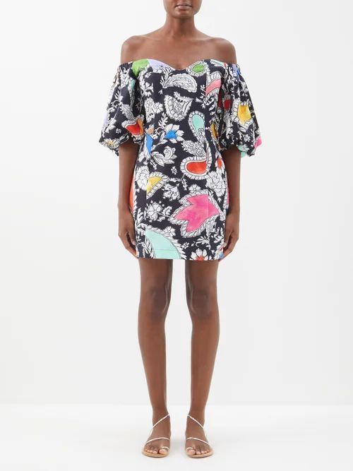 Nomi Paisley-print Organic Cotton Mini Dress - Womens - Black Multi