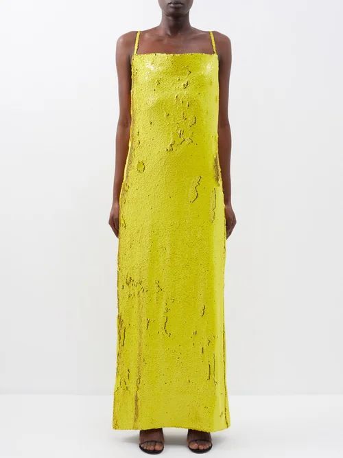Square-neck Sequinned Maxi Dress - Womens - Yellow