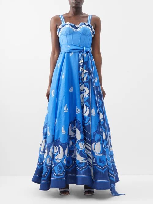 High Tide Sailboat-print Linen-blend Gown - Womens - Blue Print