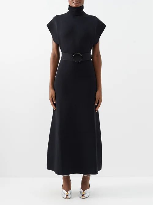 Roll-neck Belted Maxi Dress - Womens - Black