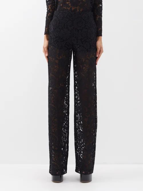 Floral-embroidered Lace Wide-leg Trousers - Womens - Black
