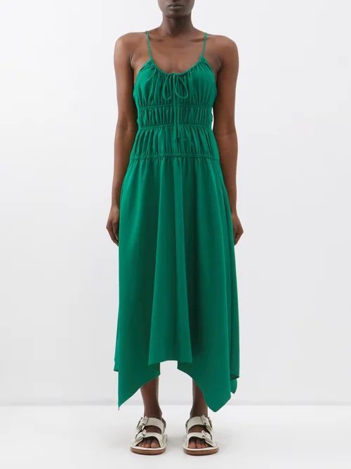 Ruched Twill Midi Dress - Womens - Green