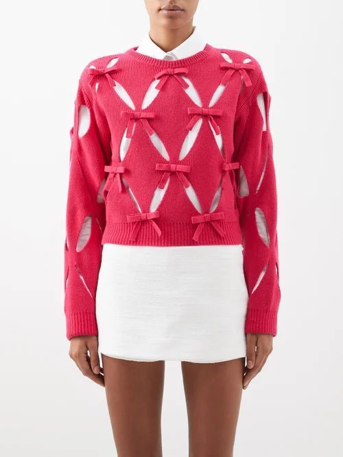 Bow-tied Cutout Wool Cropped Sweater - Womens - Dark Pink