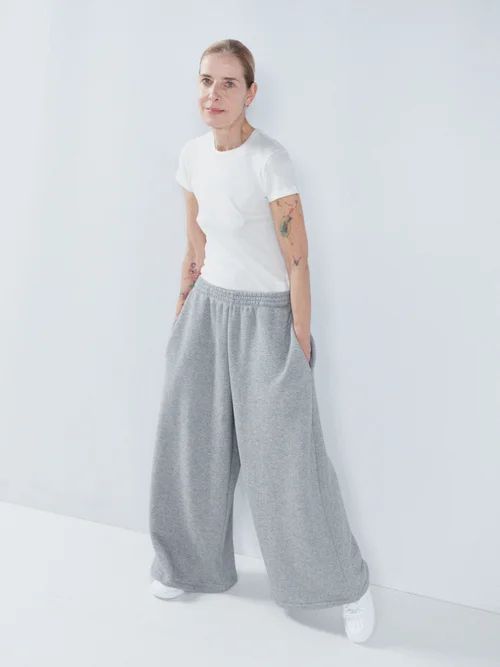 Wide Leg Cotton And Cashmere Track Pants - Womens - Light Grey