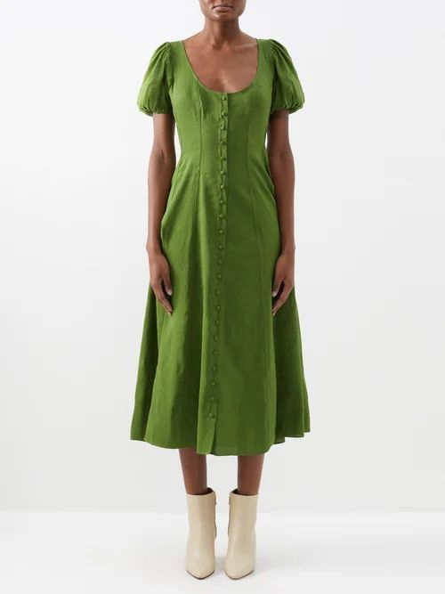 Francesca Puff-sleeve Linen-blend Midi Dress - Womens - Green
