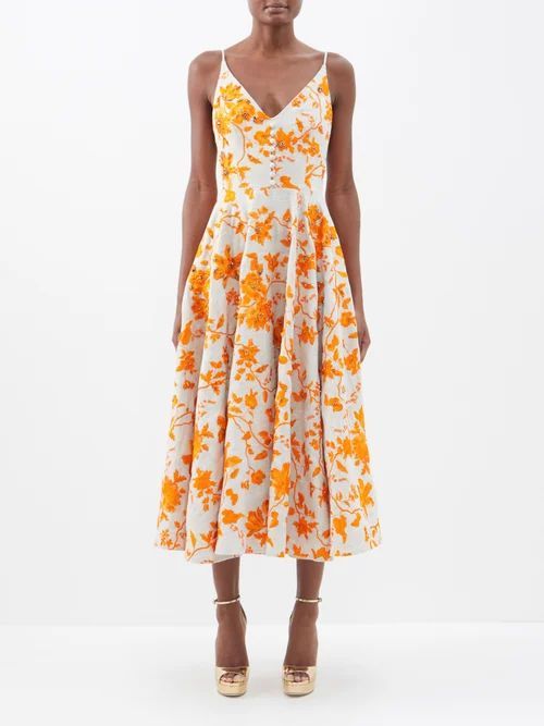 Eloise Floral-embroidered Linen Midi Dress - Womens - Orange Multi