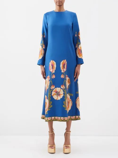 Poppy-print Silk-twill Dress - Womens - Blue Multi