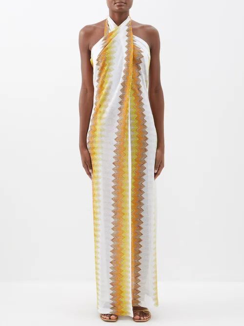 Chevron-knit Halterneck Maxi Dress - Womens - Yellow White