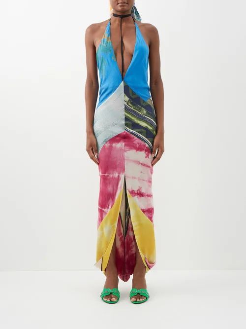 Patchwork Upcycled Silk-blend Halterneck Dress - Womens - Multi