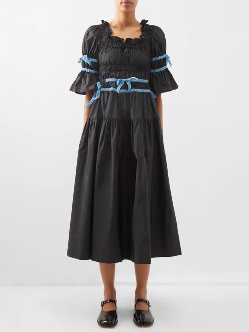 Mikha Velvet-trim Shirred Taffeta Midi Dress - Womens - Black