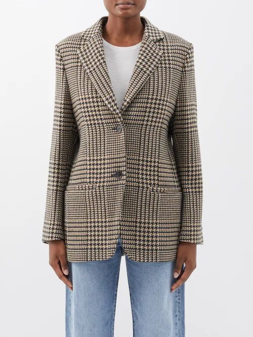 Houndstooth-check Wool-blend Blazer - Womens - Brown Multi