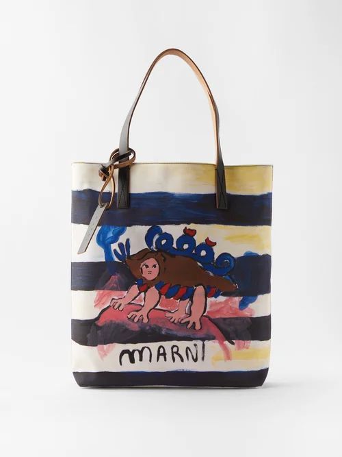 Logo-print Cotton-canvas Tote Bag - Womens - Navy Stripe