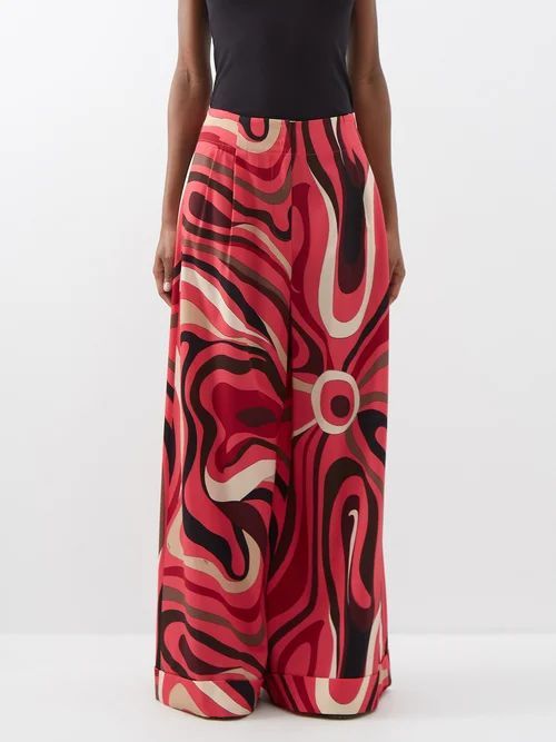 Abstract-print Wool-blend Wide-leg Trousers - Womens - Pink Print