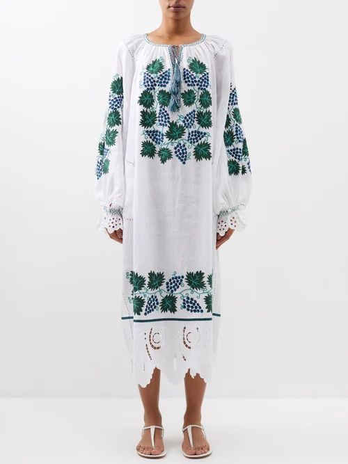 Tarvia Floral-embroidered Linen Midi Dress - Womens - White Green