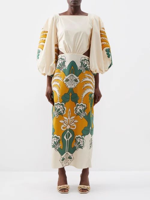 The Lotus Jewel Organic-cotton Midi Dress - Womens - White Yellow Multi