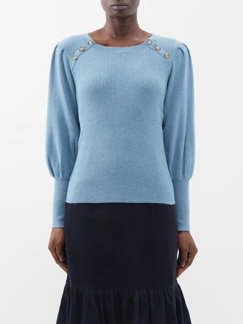 The Eva Blouson-sleeve Rib-knit Sweater - Womens - Mid Blue