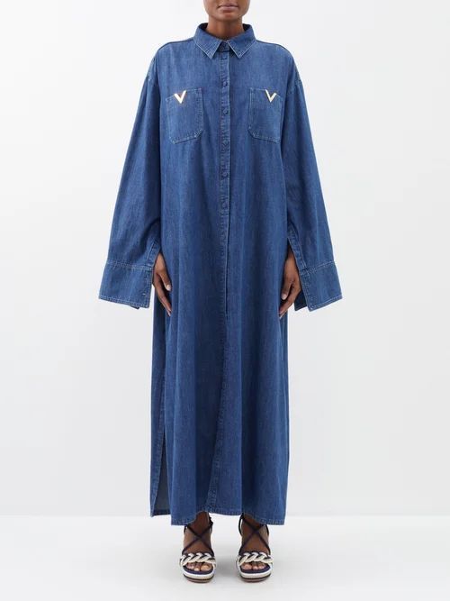 V-logo Chambray-denim Kaftan Dress - Womens - Dark Blue