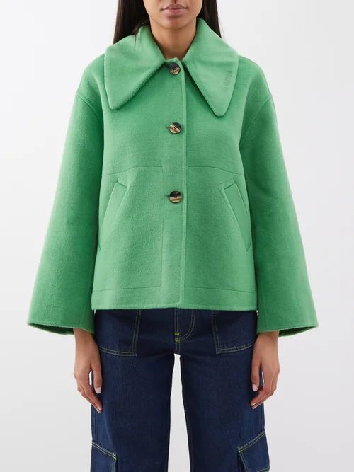 Oversized-collar Recycled Wool-blend Felt Jacket - Womens - Bright Green