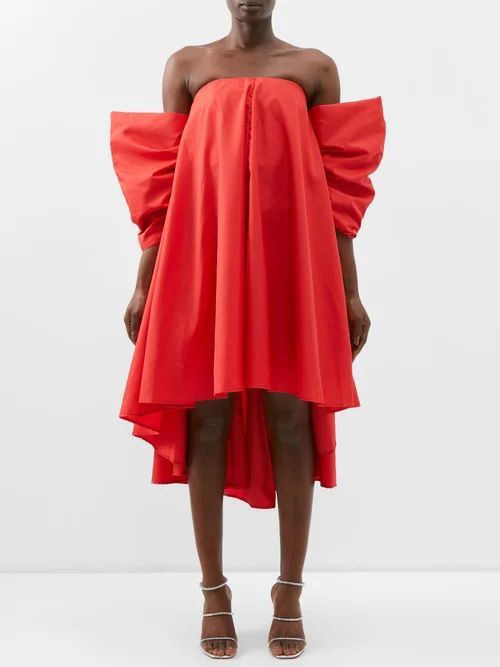 Back-bow Off-the-shoulder Recycled-satin Dress - Womens - Red
