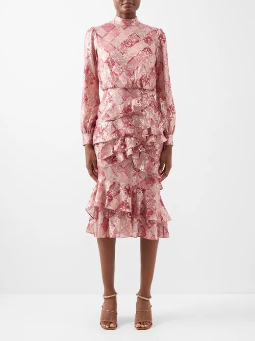Isa Star-fil Coupé Ruffled Silk Midi Dress - Womens - Pink Multi
