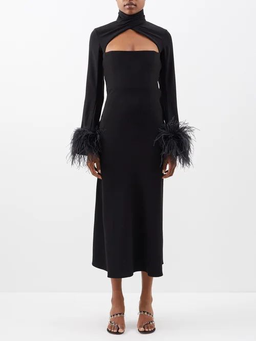 Odessa Feather-trim Crepe Midi Dress - Womens - Black