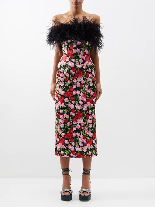 Feather-trim Floral-print Satin Midi Dress - Womens - Black Pink