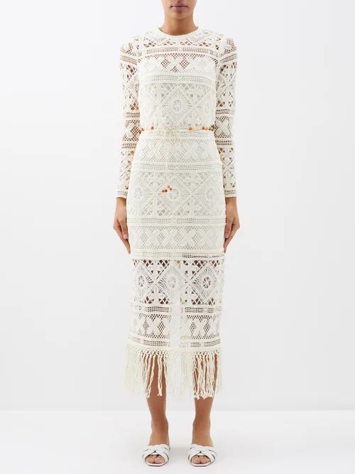 Cira Fringed Crochet-knit Midi Dress - Womens - Ivory