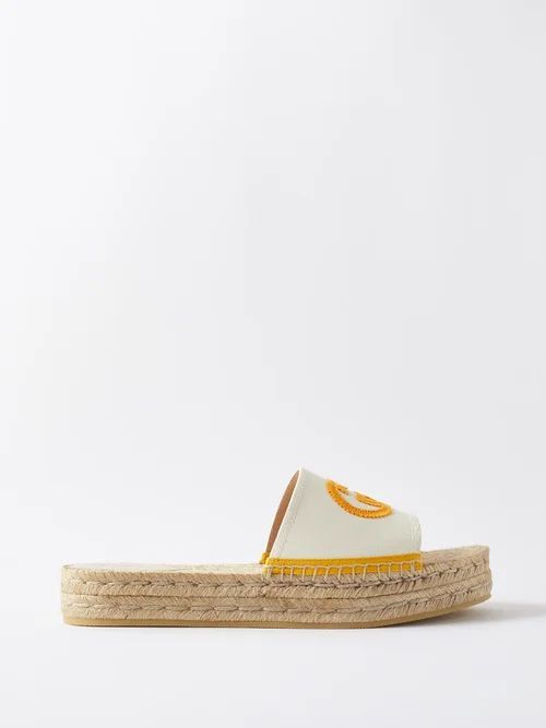 GG-embroidered Canvas Espadrilles Slides - Womens - Yellow White