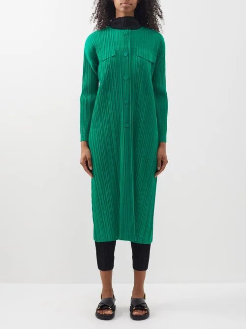 Flap-pocket Technical-pleated Midi Dress - Womens - Bright Green