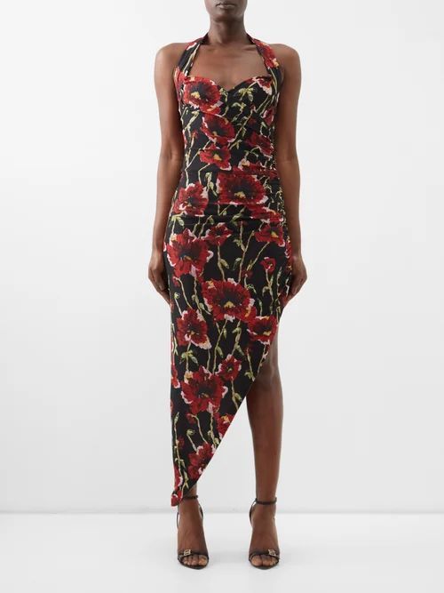 Cayla Poppy-print Halterneck Jersey Dress - Womens - Black Red